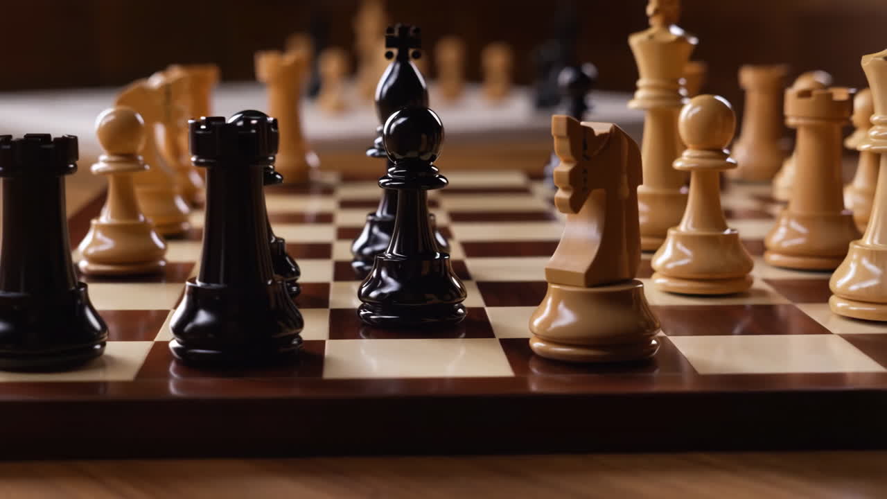 A close-up view of a chessboard with black and white chess pieces set up, ready for a game