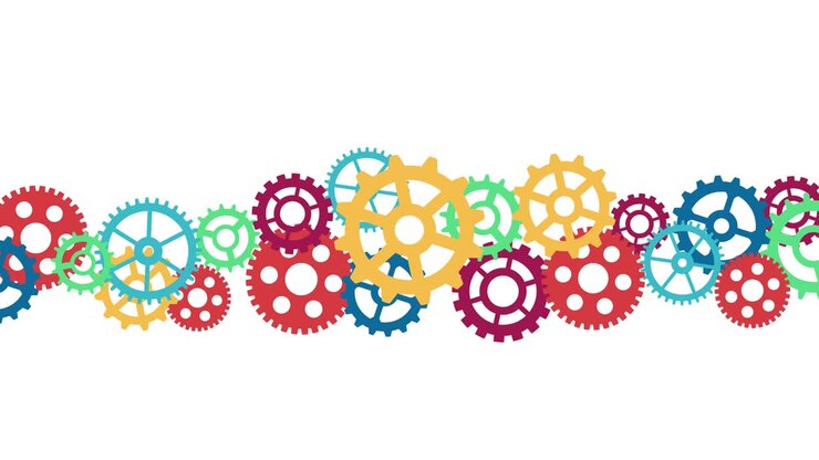 Ingranaggi colorati, concetto di cooperazione aziendale. Sfondo animato industriale in loop continuo. Schema astratto di buon lavoro di squadra