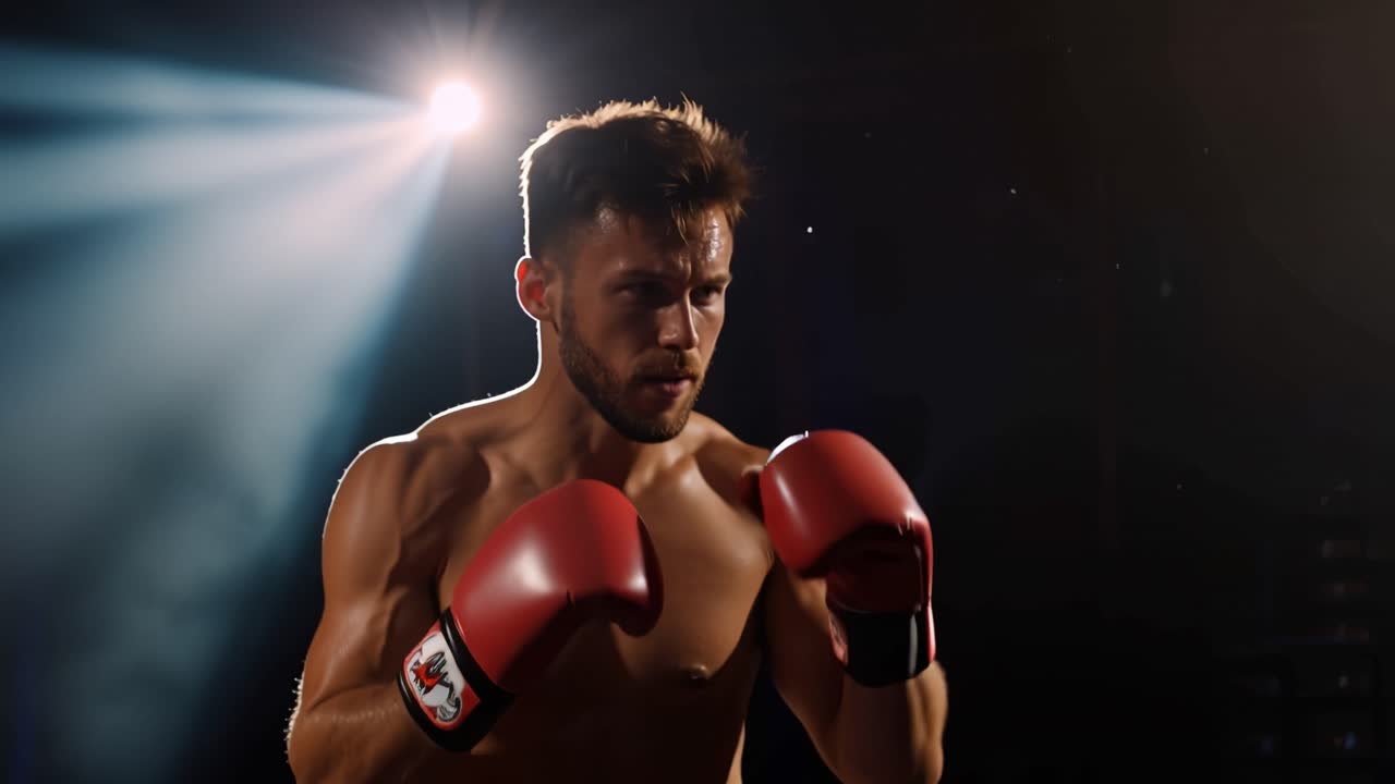 Treinamento Dinâmico de Boxeador Sob os Holofotes, Demonstrando Intensidade e Foco com Postura de Soco e Expressão Determinada em um Cenário de Luz Dramática.
