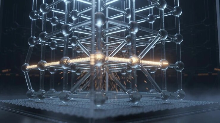 Striking beam hitting lattice cube in glass case from left, emitting sparks and forming golden band