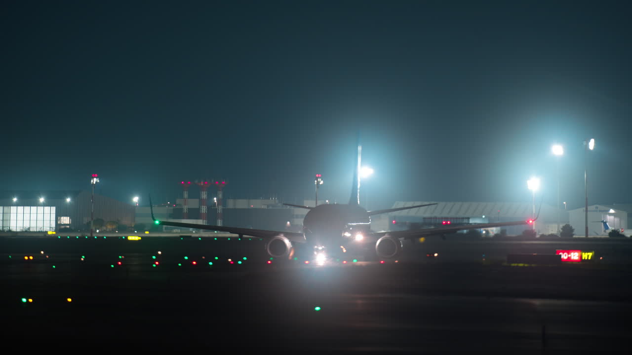 Aereo che rulla sulla pista di notte con luci intense