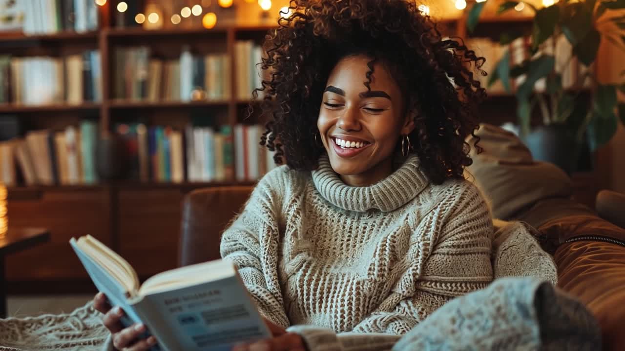 Femme heureuse appréciant la lecture d'un livre dans une bibliothèque chaleureuse à la maison