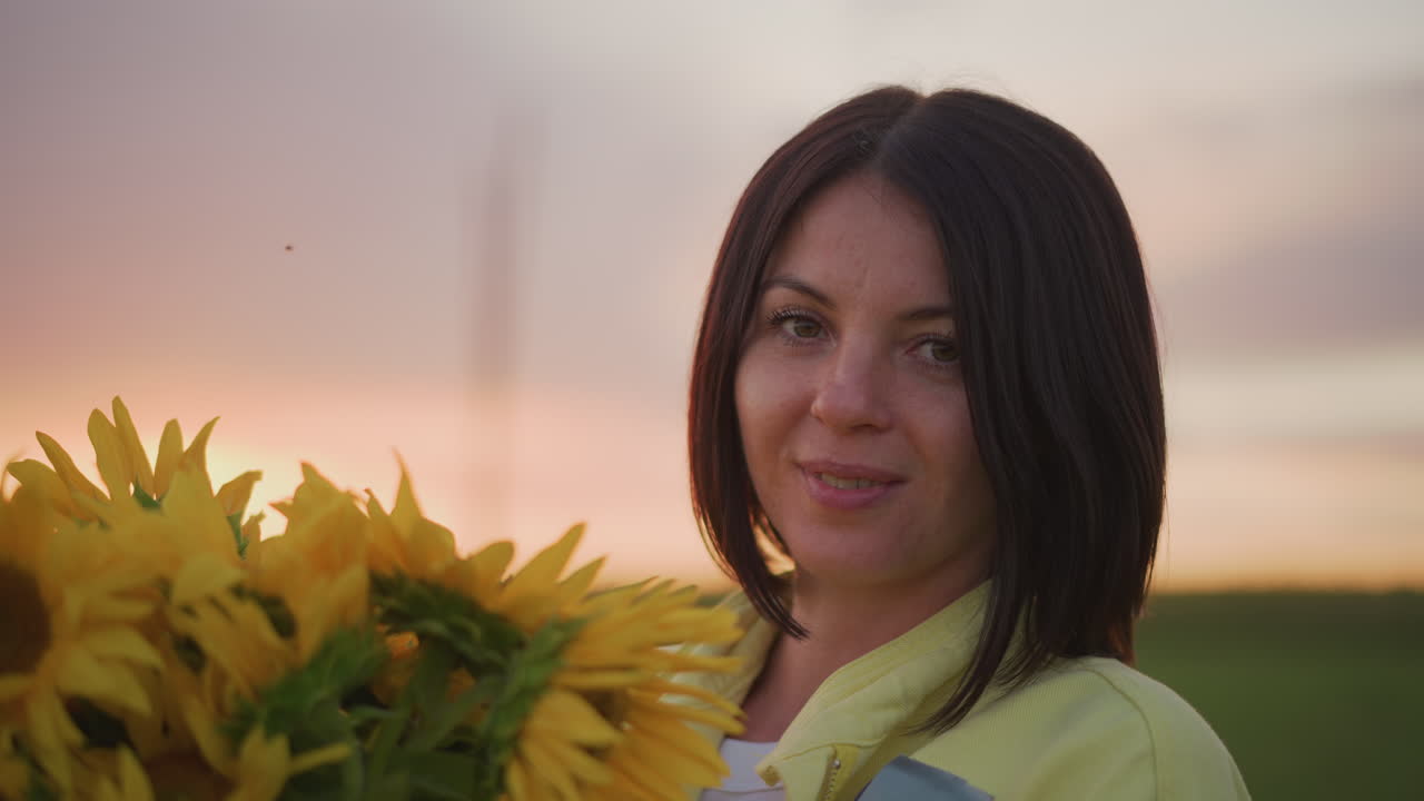 Mujer sonriendo con un ramo de girasoles al atardecer, contacto visual directo y un brillo cálido, primer plano que destaca una piel radiante y una expresión natural, ambiente confiado y amable con el horizonte del campo y luz tenue
