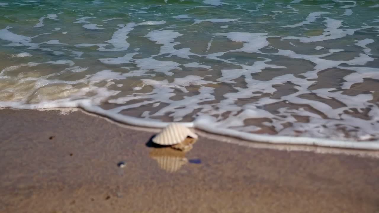Close-up video of a seashell on a sandy beach with foamy waves