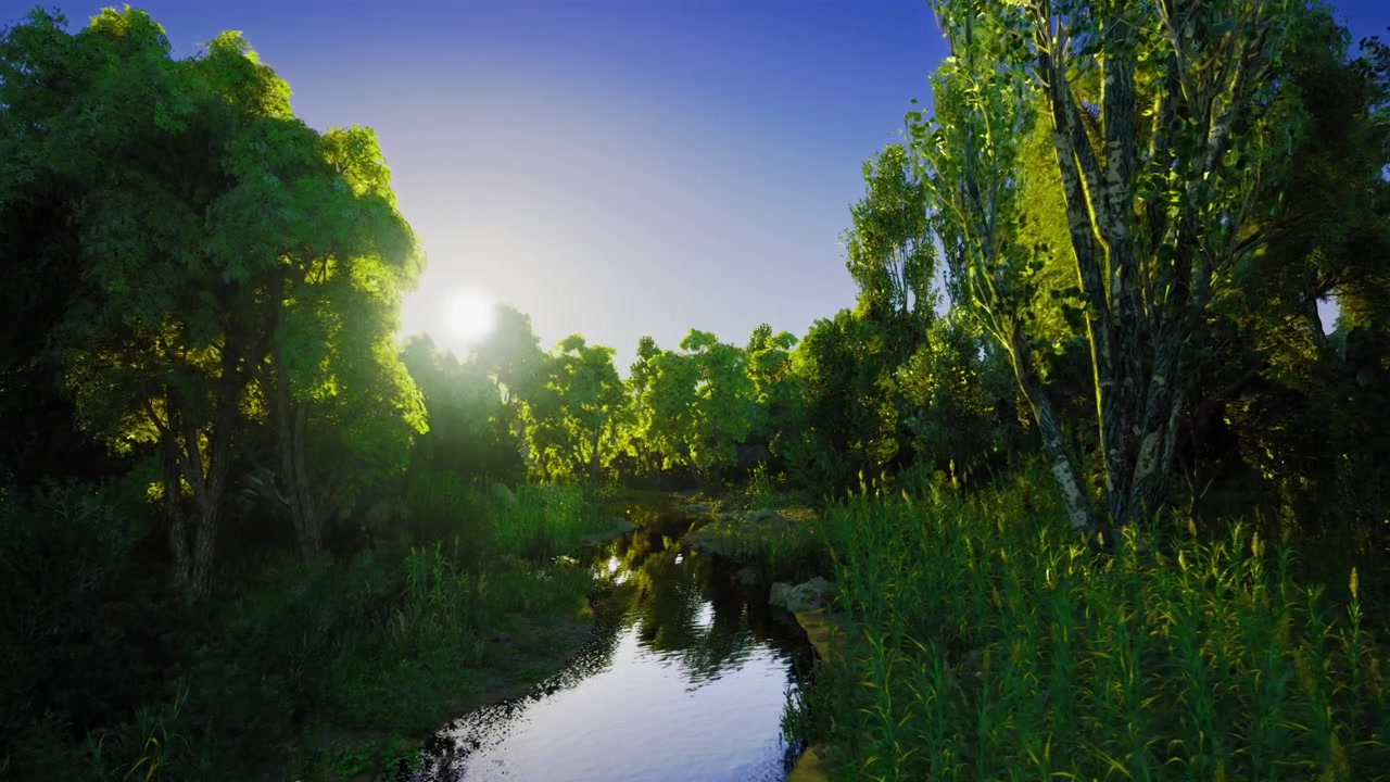 Serene morning landscape featuring blue sky and reflective water surface