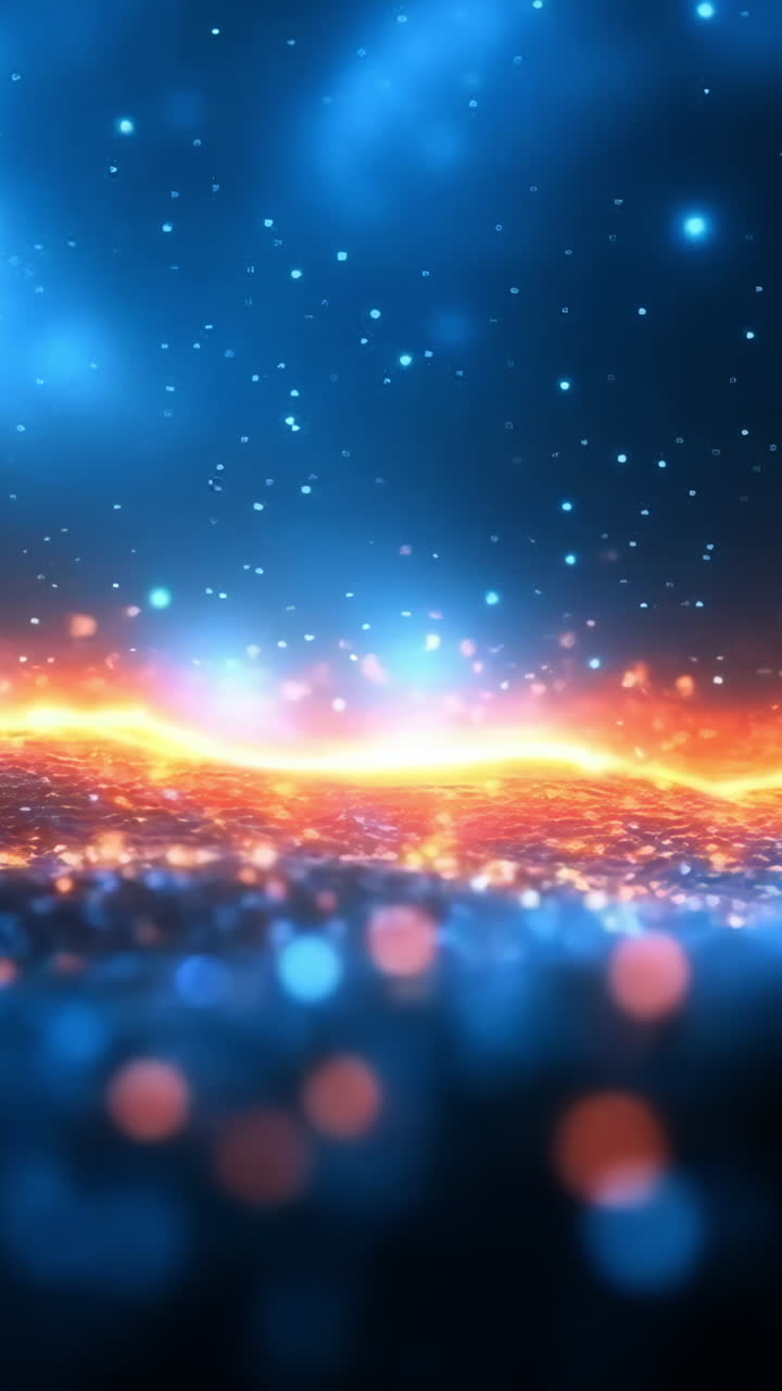 Glowing landscape with bright sparks. Glowing particles illuminate a cosmic landscape, blending hues of blue and orange in a mesmerizing display of light.