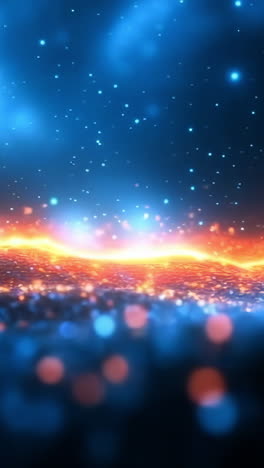 glowing landscape with bright sparks. glowing particles illuminate a cosmic landscape, blending hues of blue and orange in a mesmerizing display of light.