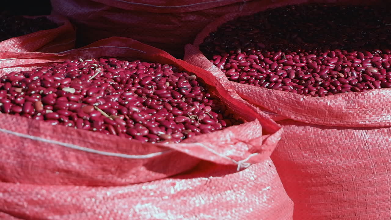 frijoles rojos secos en sacos rojos tejidos al sol en el mercado callejero