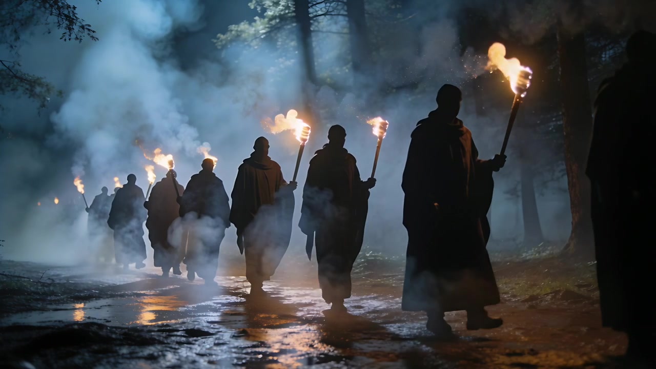 Figure ammantate che camminano in fila indiana lungo un sentiero forestale notturno, tenendo torce fiammeggianti, nebbia.