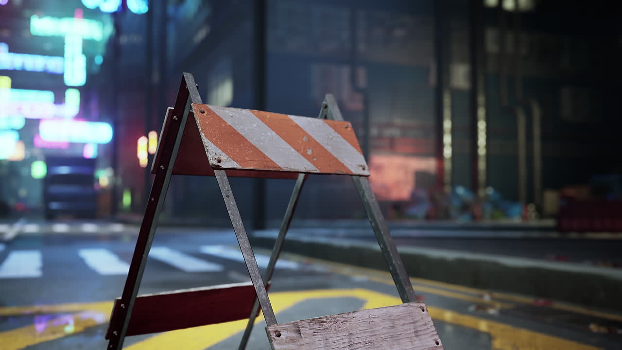 Night City Street Closed by Construction Barrier