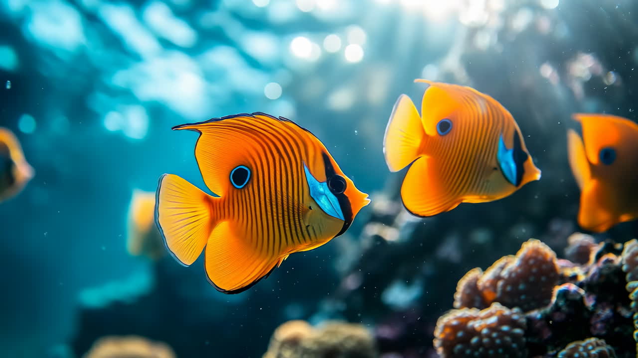 Pesci colorati che nuotano in una barriera corallina. Pesci arancioni brillanti nuotano tra coralli vivaci in un oceano limpido, mostrando la bellezza della vita marina.