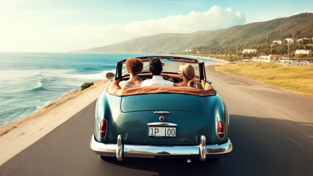 Aerial video view of friends in a vintage convertible driving along a coastal road