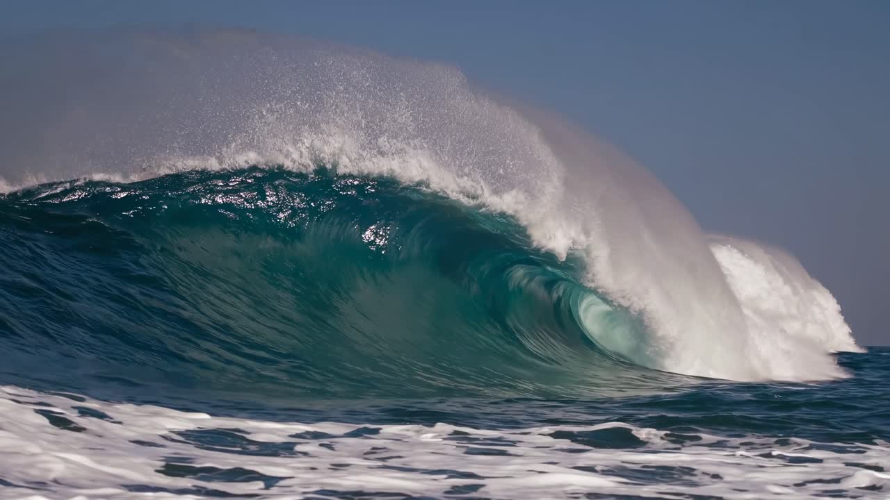 Dynamic video concept of a powerful ocean wave captured from a low angle, showcasing the force