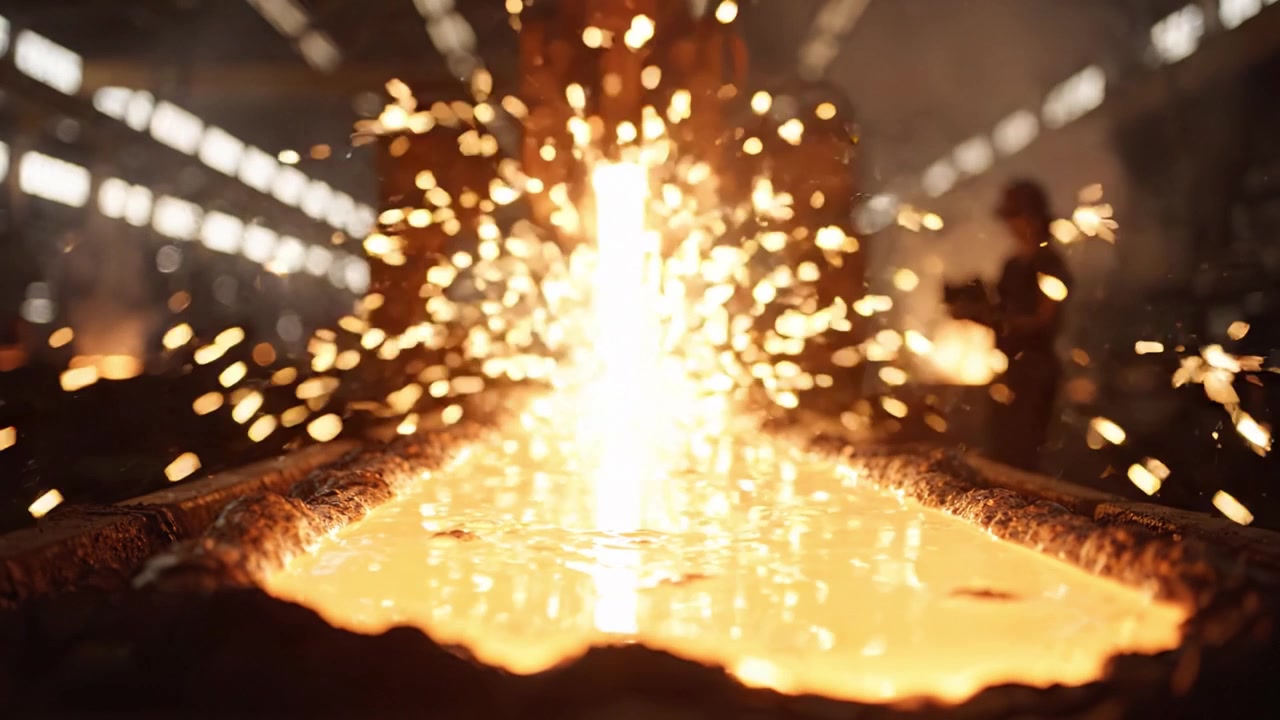 Il metallo fuso scorre da una fornace in un impianto di produzione, illuminando l'officina con una luce arancione incandescente mentre i lavoratori maneggiano i materiali intorno all'area di colata.