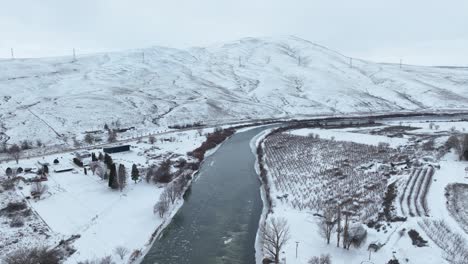 drone shot of the yakima river winding through washington's snow covered mountains