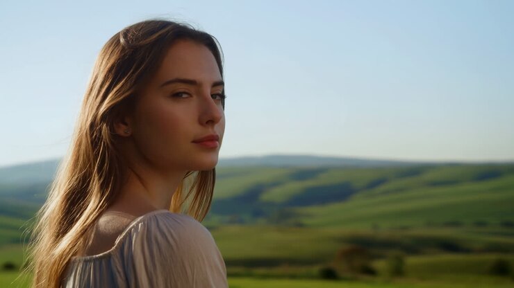 Giovane donna che guarda oltre la spalla in un sereno paesaggio verde