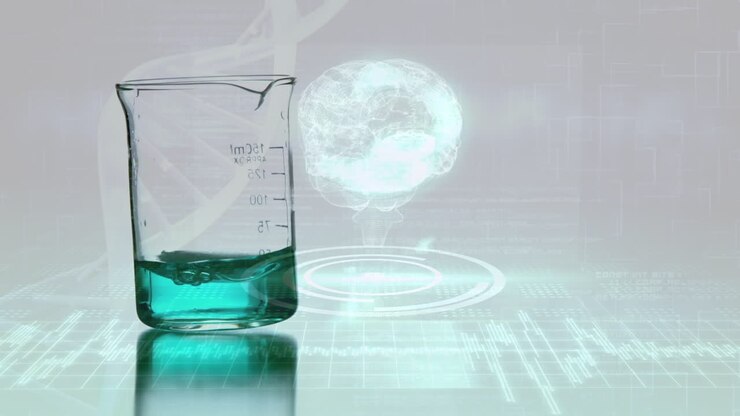 Animazione di filamento di DNA e cervello digitale su becher con liquido