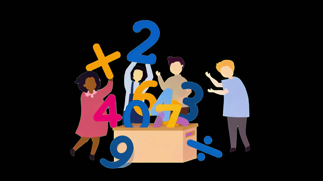 Children learning math together animation isolated asset, transparent 4K video, alpha channel