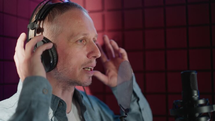 A man wearing a blue long sleeve shirt, white undershirt, and black headphones adjusts his headset while standing in front of a microphone in a red acoustic panel background, under soft, lighting