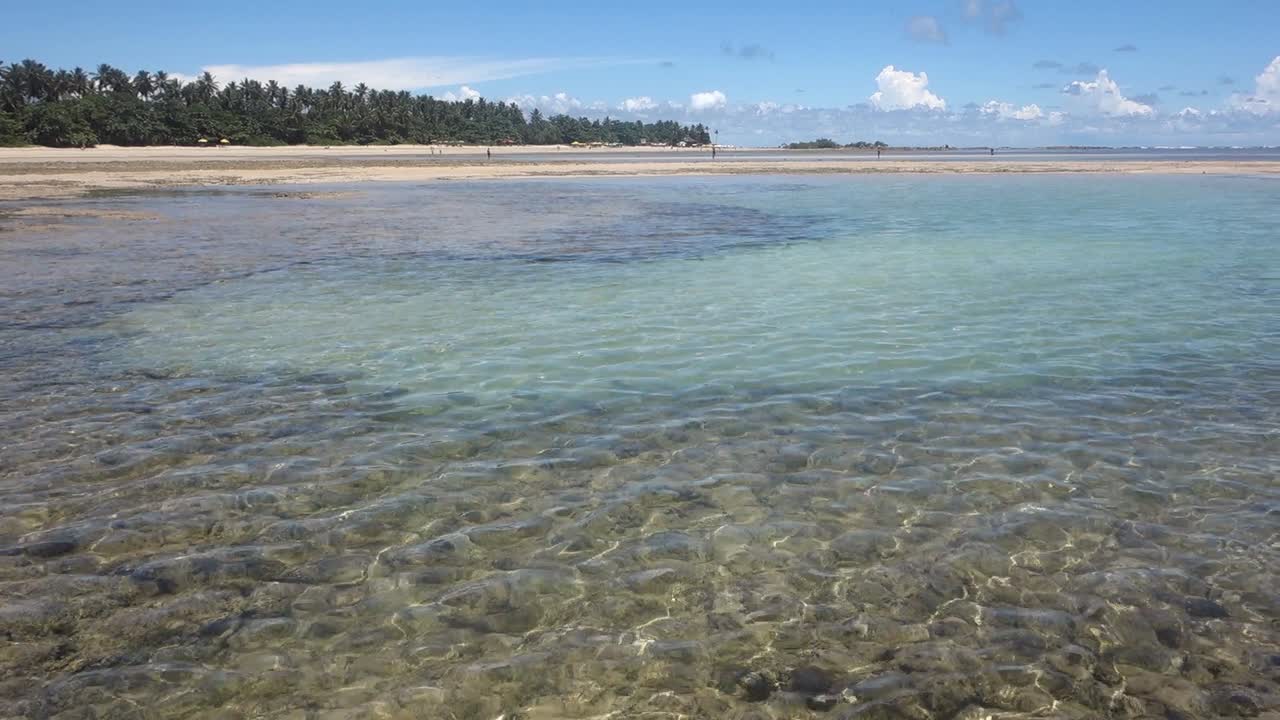 Static view of shallow clean sea water during low tide with the view of sea bed in Morro de Sao Paulo, village in Tinhare island in Bahia, Brazil