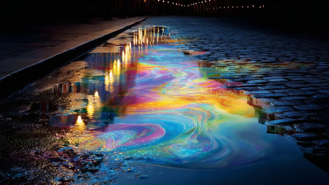 A Stunning Reflection of Light and Color in a Puddle on Cobblestone Street, Creating an Artistic Display of Swirling Patterns and Vibrant Hues Under Evening Lights