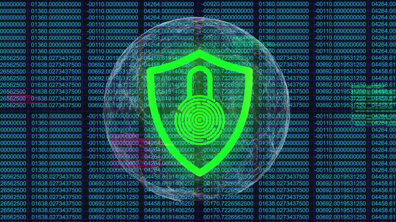 animación del candado en el escudo, números cambiantes y globo sobre fondo negro