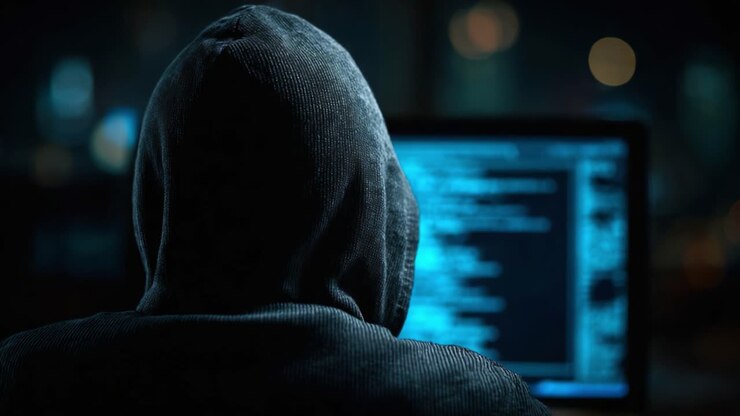 Figura misteriosa con felpa con cappuccio impegnata nella programmazione di notte, circondata da schermi luminosi e codice digitale, creando un'atmosfera di intrigo e suspense.