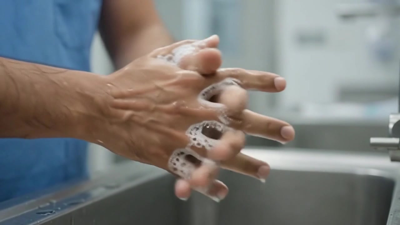 Surgeon Washing Hands with Soap in Hospital Scrub Room