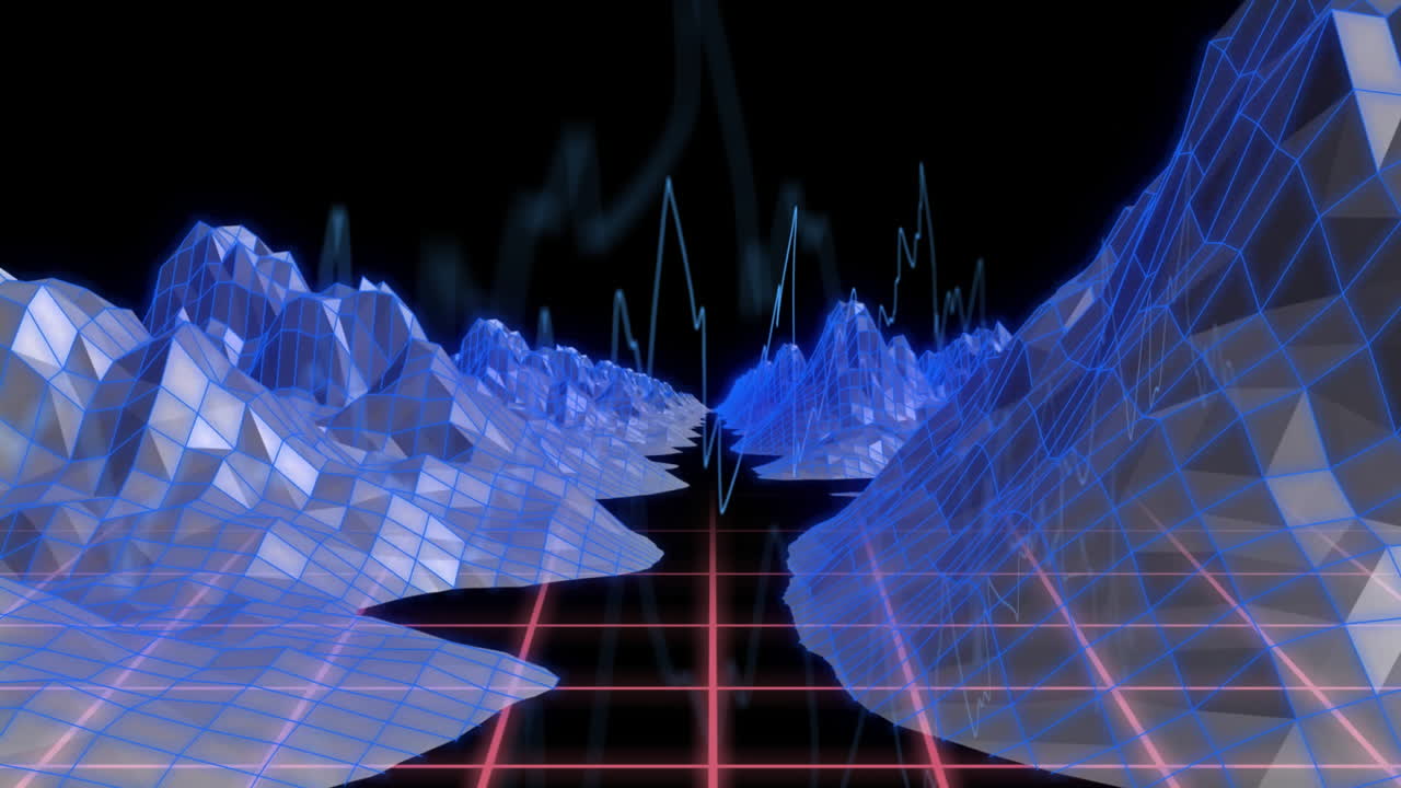 In animation, blue wireframe mountains and neon grid creating futuristic landscape