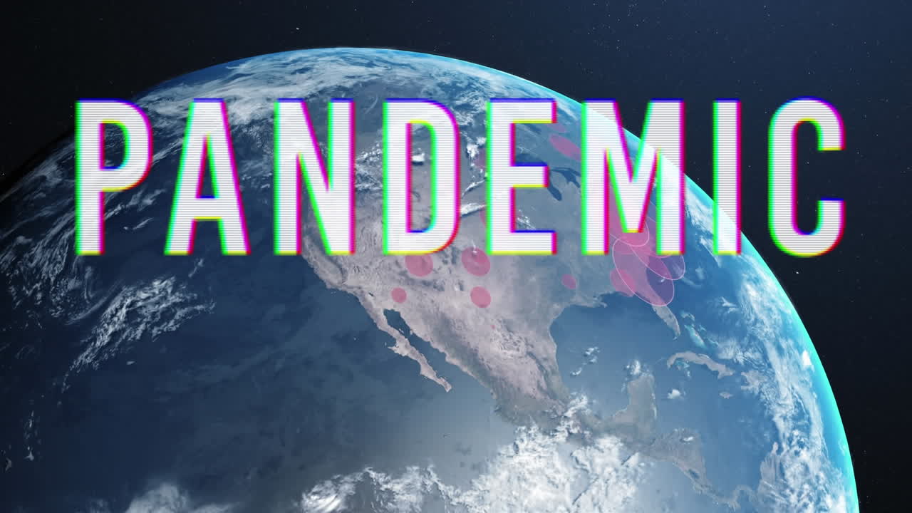 백그라운드에 빨간 원이 회전하는 지구상에 대항하는 팬데 ⁇  텍스트의 디지털 복합 비디오