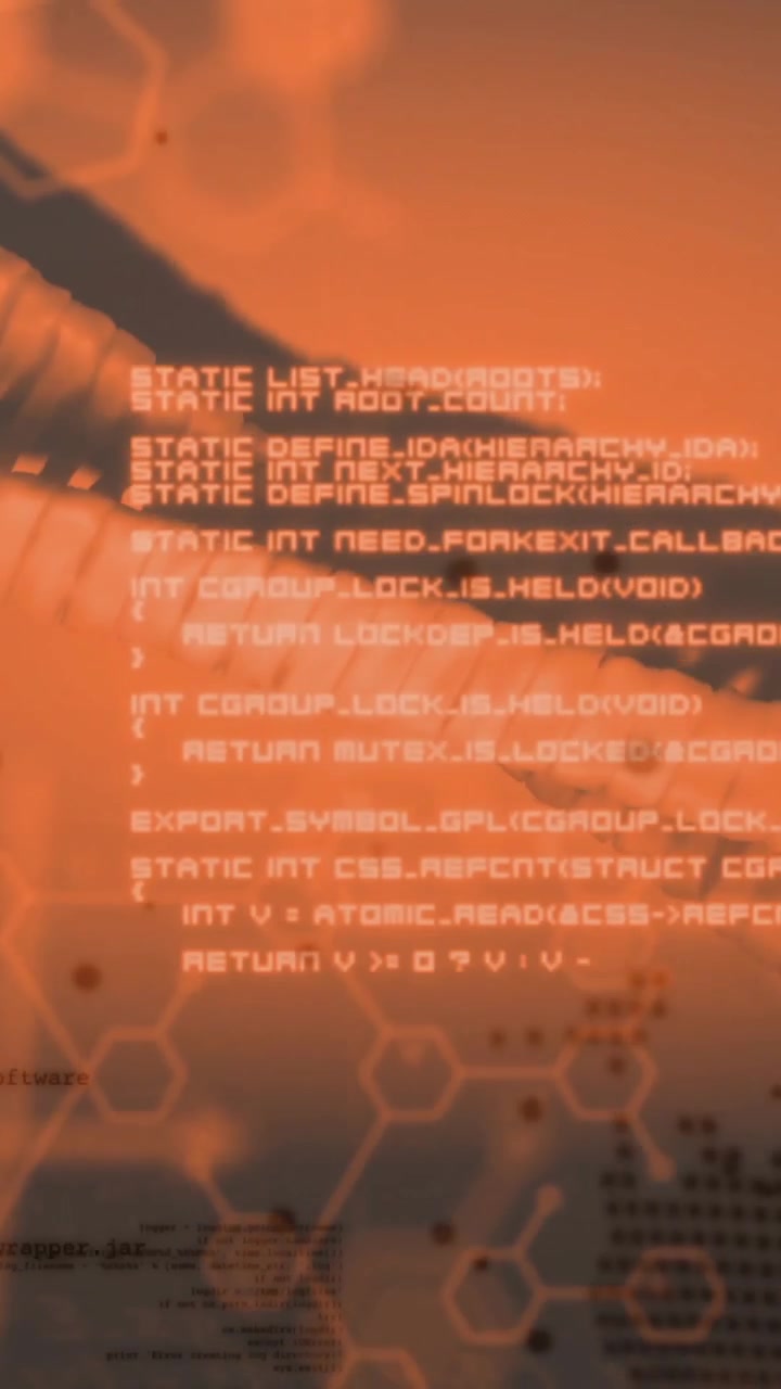 Sekskantede mønstre og databehandling animation over abstrakt orange baggrund