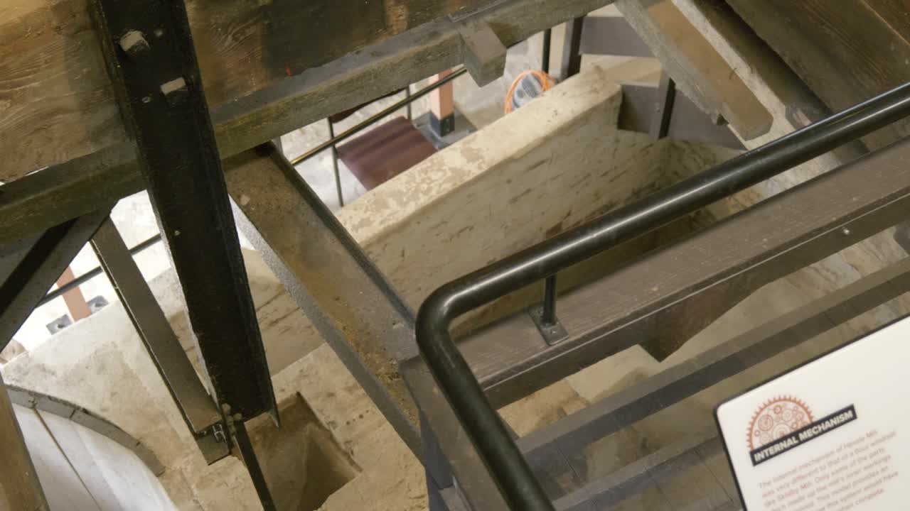 Industrial wooden and metal mill structure inside old Hessle building, warm lighting
