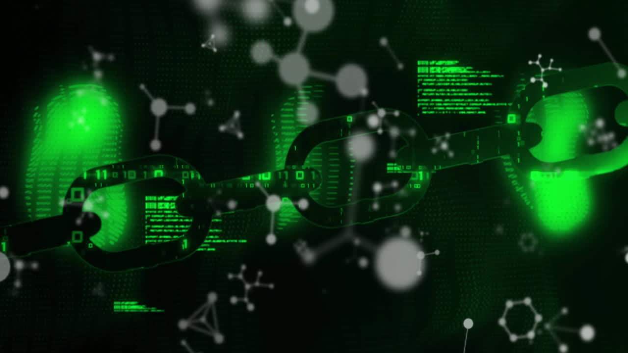 사슬 위의 분자의 애니메이션과 검은색 배경의 데이터 처리