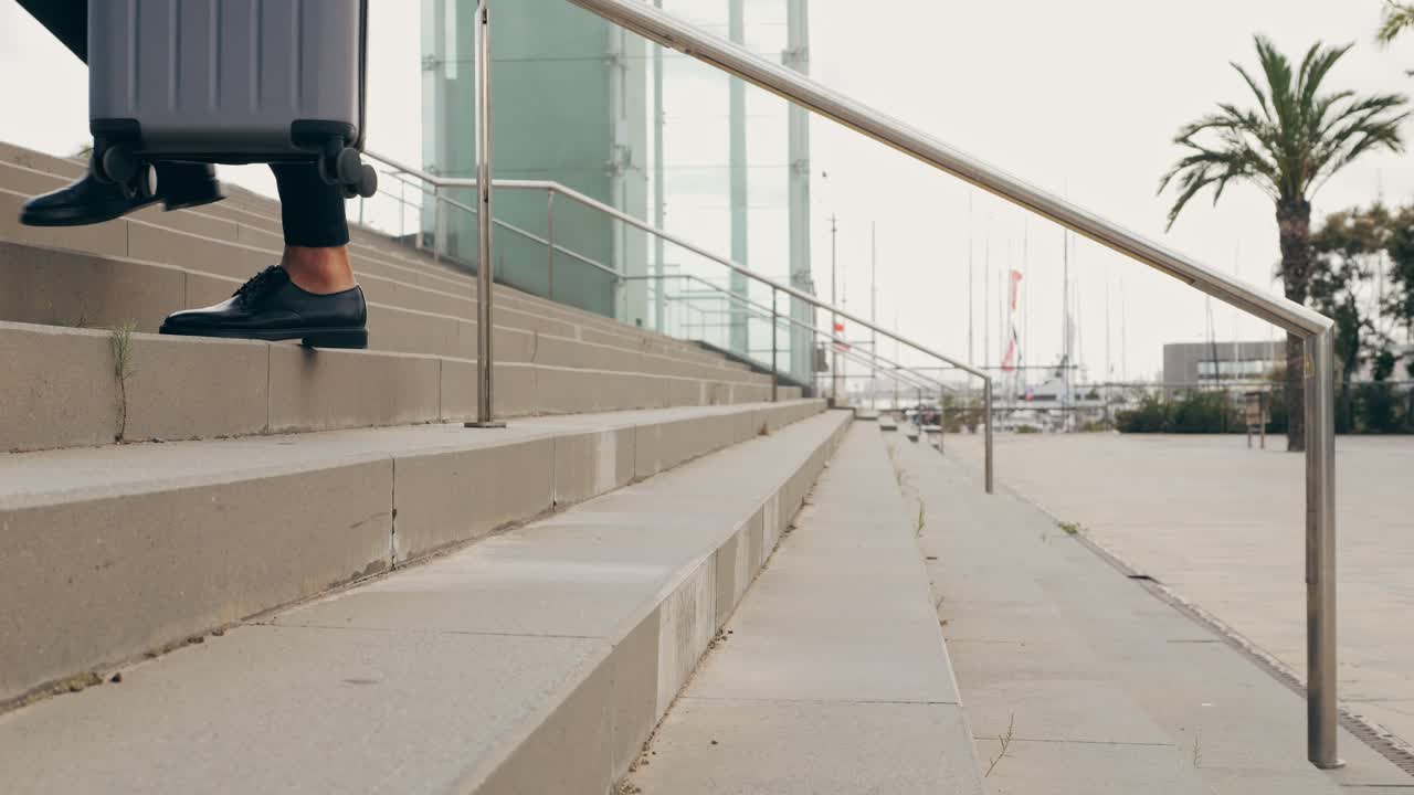 Tourist man with suitcase baggage in spain, A traveler with luggage suit jacket on business street go to a hotel, business office, airport terminal, enjoying the vibrant atmosphere