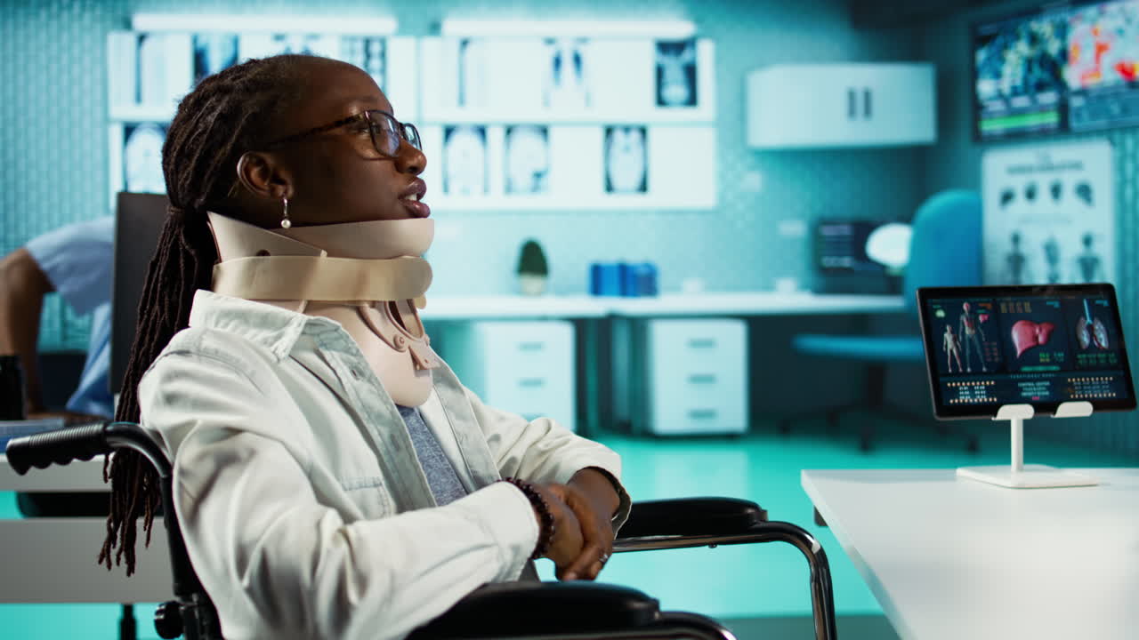 Wheelchair user with a fractured neck injury wearing cervical foam collar