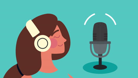 woman using earphones and microphone character