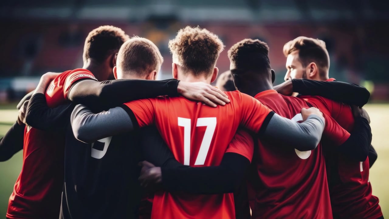 Mannlige fotballspillere samles og går på stadionbanen