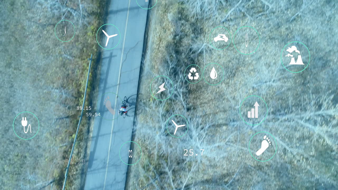 Animation of digital icons and data overlay on road with person walking