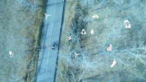 animation of digital icons and data overlay on road with person walking