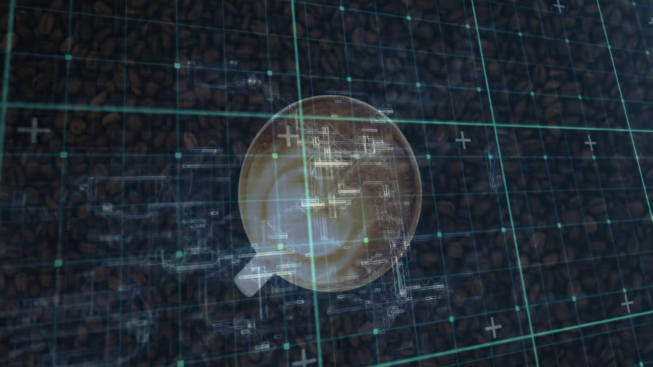 Top-down white coffee cup featuring neon green grid lines and schematic overlays over roasted beans