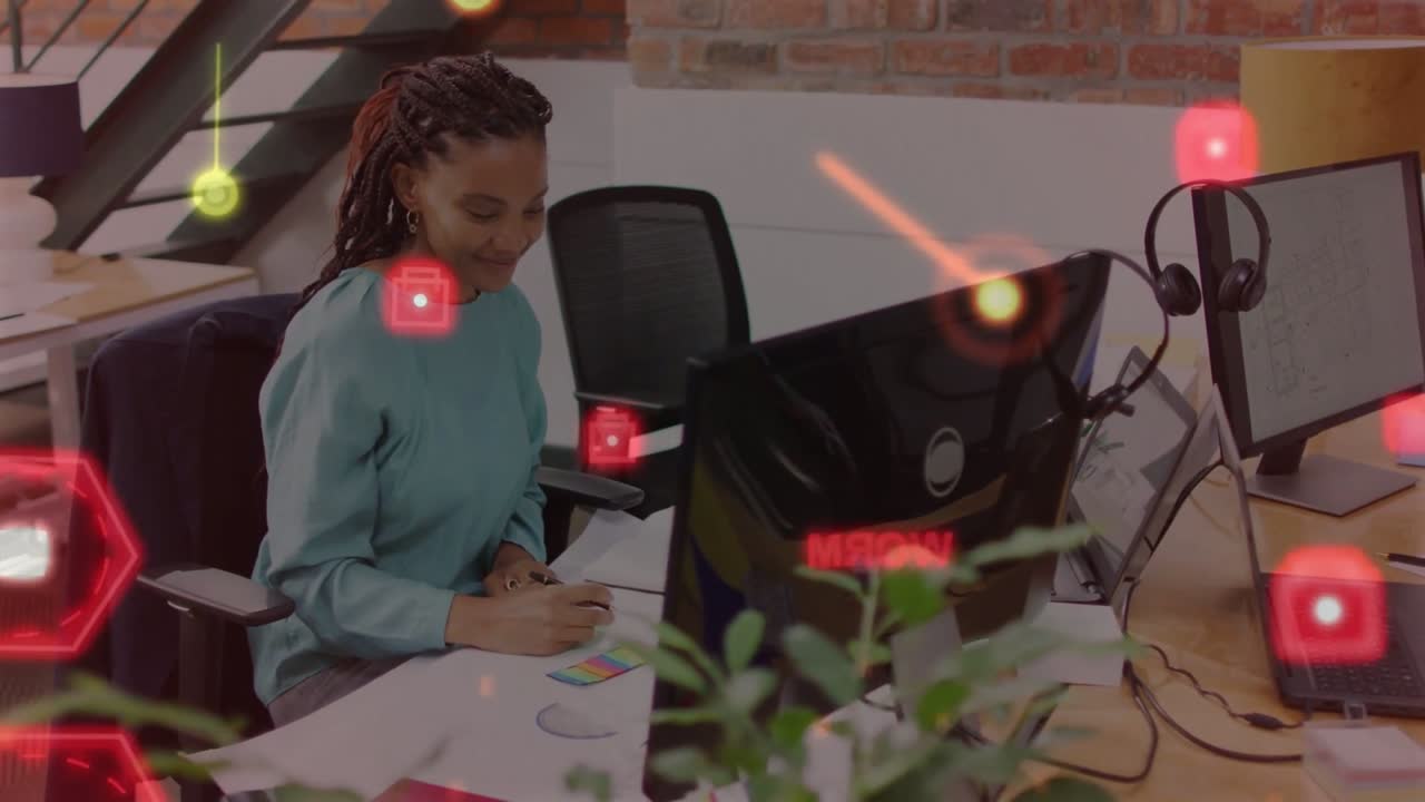 HUD overlays moving and light streak descending, woman reaching for pen writing notes from monitor