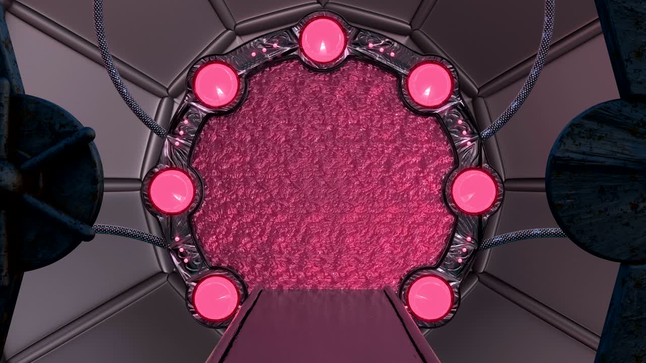 la escotilla oxidada de hierro abre una vista panorámica a la escena del paisaje de la nave espacial. fondo abstracto 3d de corredor de ciencia ficción con portal. tecnología futurista abstracto vj para títulos tecnológicos y fondo.