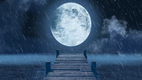 Animation-of-wooden-jetty-over-sea,-rain-and-full-moon-on-night-sky-in-background