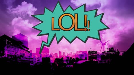 palabra lol en burbuja de exclamación en el fondo del paisaje urbano