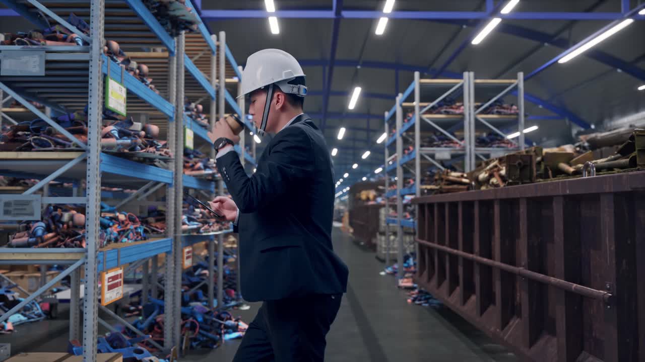 Vista laterale di un uomo d'affari asiatico che usa lo smartphone, beve caffè mentre cammina presso un magazzino industriale di rottami metallici e riciclaggio