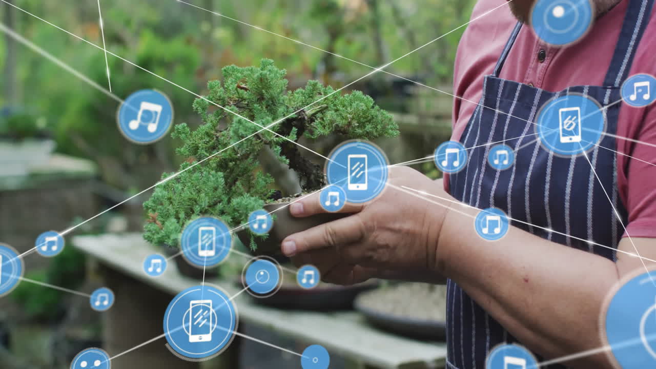 Holding bonsai tree, person surrounded by music and smartphone icons animation