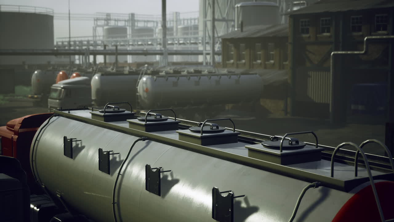 Industrial tanks in a misty oil refinery during early morning hours