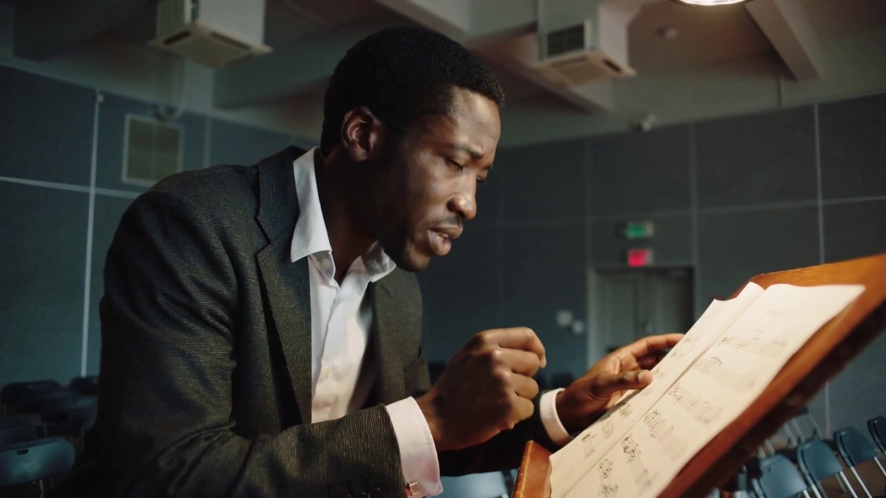 Leaning musician in suit preparing score at rehearsal, reading, tracing bars on stand with pencil
