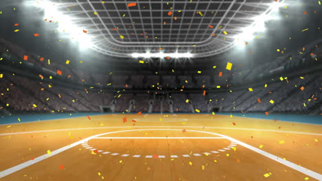 animation of confetti falling over basketball court sports stadium