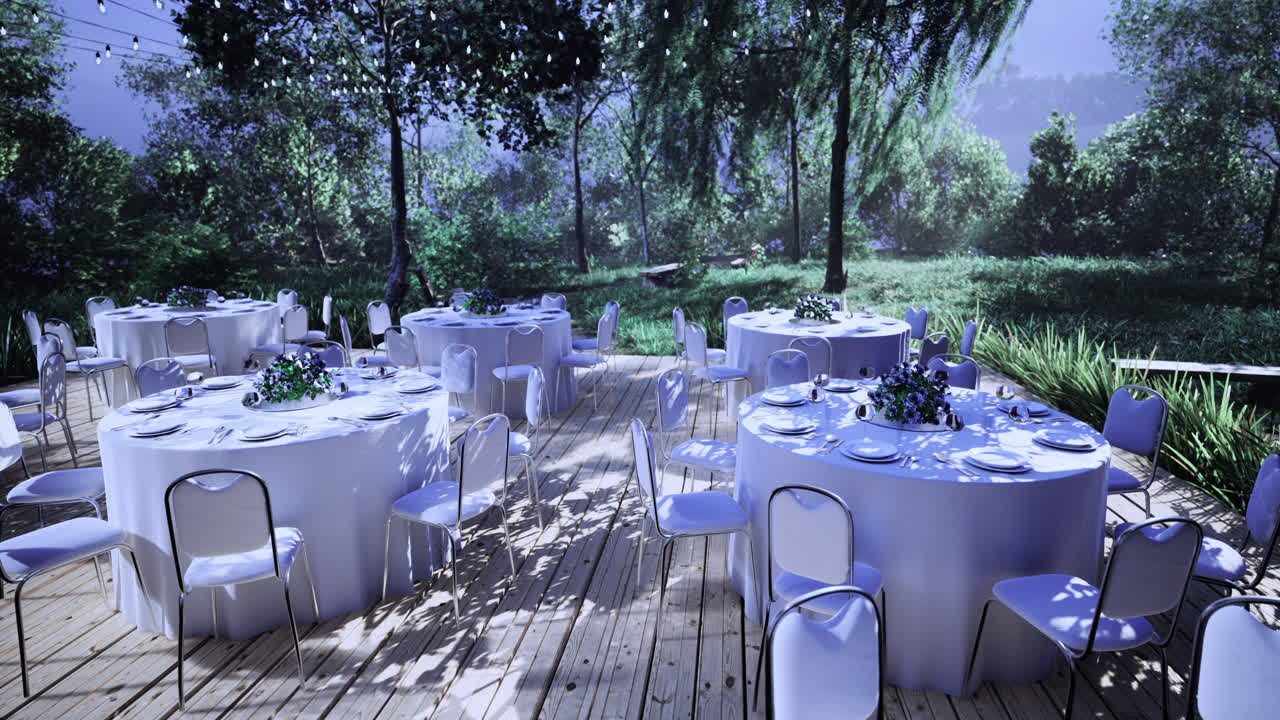 Outdoor dining setup features elegant tables surrounded by lush greenery